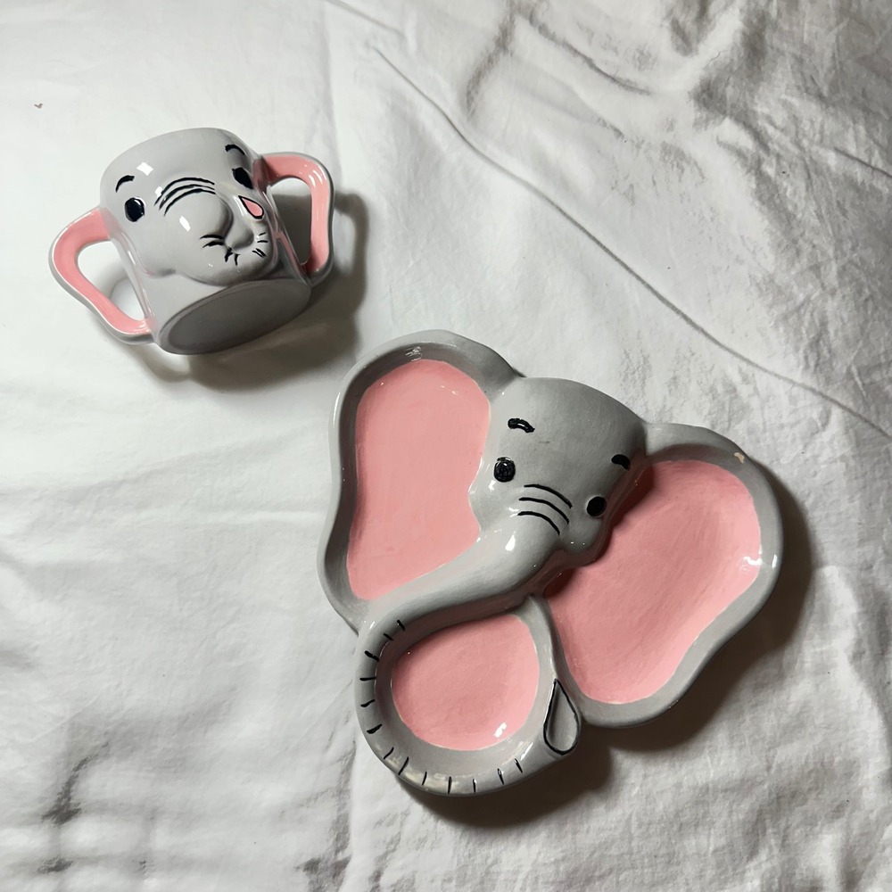 Vintage Holland Mold Elephant Mug and Plate Set Grey Pink Good Ceramic Nostalgia